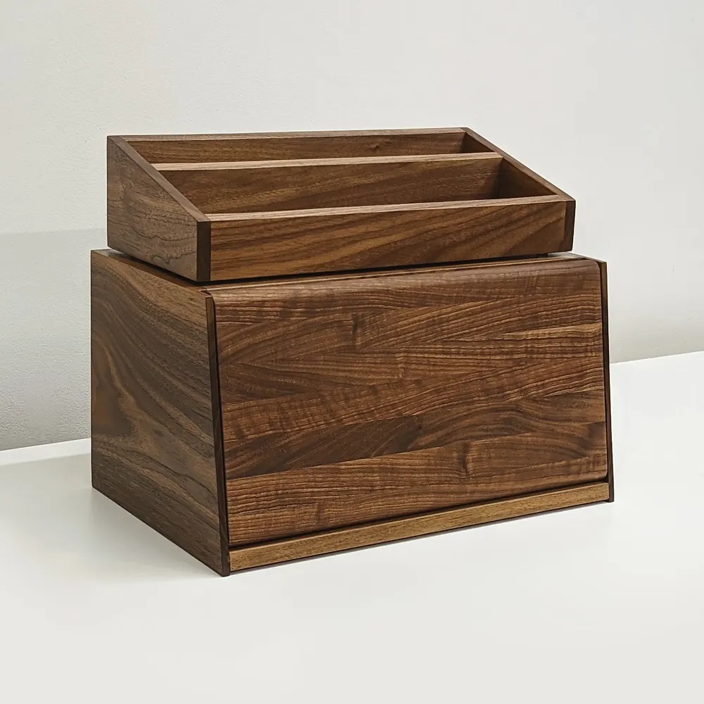 July 20th, 2021: A walnut tray that sits perfectly on top of our bread box! Designed by Alycia Matthews and constructed by us!